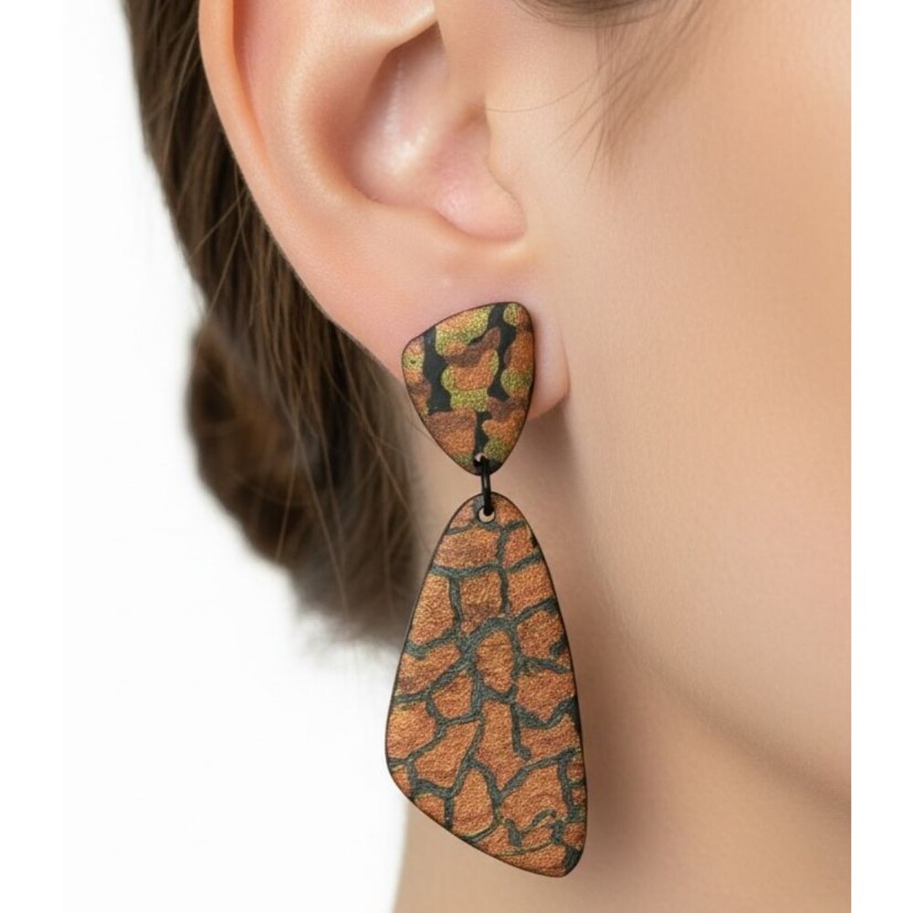 Handmade Copper Gold Black Animal Print Polymer Clay Dangle Statement Earrings
